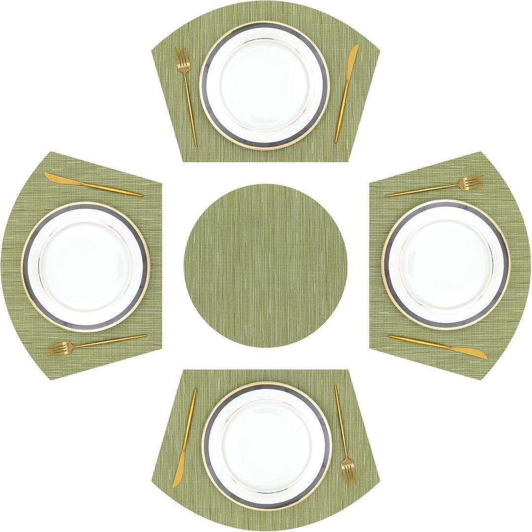 SHACOS Large Size Wedge Shape Placemats with Centerpiece Round Mat Set of 5 Round Table Place Mats Washable Dining Table Placemats Reversible, Green (4 pcs 13.7"x19.6" Wedge+ 1 pc 14" Round)