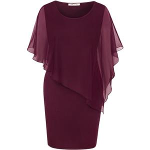 SeSe Code Women's Mesh Cape Overlay Bodycon Knee Length Pencil Dress for Wedding Guest (Large, Wine Red)