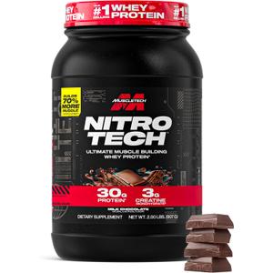 Muscletech Whey Protein Powder (Milk Chocolate, 2 Pound) - Nitro-Tech Ultimate Muscle Building Formula with Whey Protein Isolate - 30g of Protein, 3g of Creatine & 6.8g of BCAA - Packaging May Vary, 17 May 2028