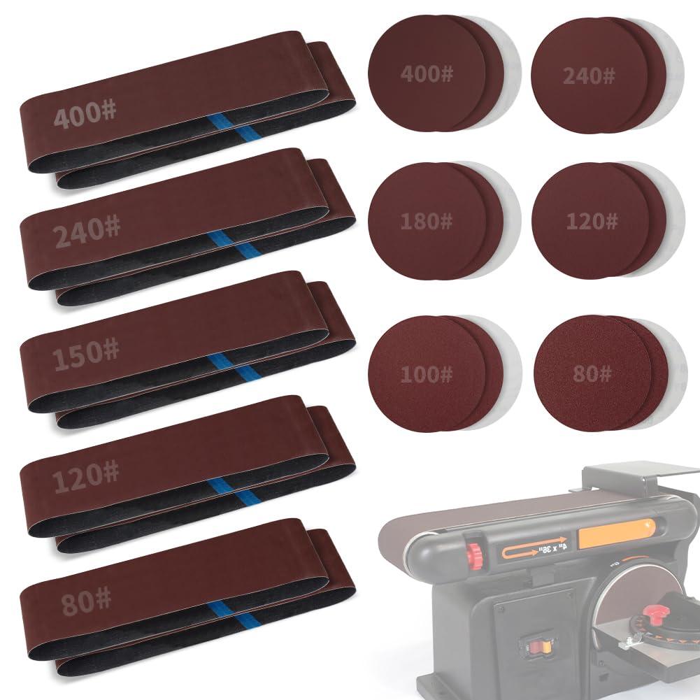 Sanding Belts & PSA Sanding Discs Set - 10 Pack 4x36 Inch Aluminum Oxide Belts (80/120/150/240/400 Grit) and 18 Pack 6-Inch Self-Adhesive Discs (80/100/120/180/240/400 Grit) for Wood, Metal Polishing