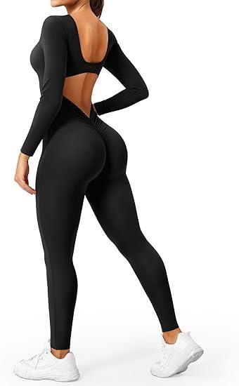 YEOREO CoreFlex Long Sleeve Jumpsuits for Women V Back Bodysuit Workout Full Length Bodycon Scrunch Leggings One Piece Romper, Large