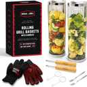 AVIEUS Grill Rolling Grill Basket | Rolling Grilling Baskets for Outdoor Grilling 2 Pcs | Barbecue Grill Set with BBQ Gloves | Portable Camping Net Rack Perfect for Vegetables, Seafood & Meat