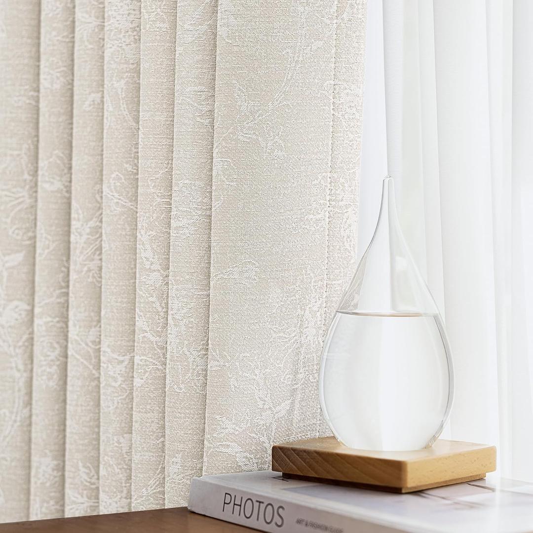 Beige Floral Jacquard Blackout Curtains for Bedroom, Spring Flower Chenille Rustic Farmhouse Drapes 63 Inch Length Living Room Darkening Thermal Insulated Grommet Window Curtains 2 Panels