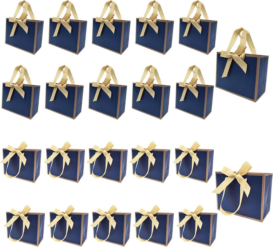 TKSBAG 100 Pack Navy Blue and Gold Gift Bags with Bow Handles, 6.43.15.1 In Small Thank You Bags Bulk for Birthday, Weddings, Baby Shower, Party Favors, Thanksgiving, Christmas