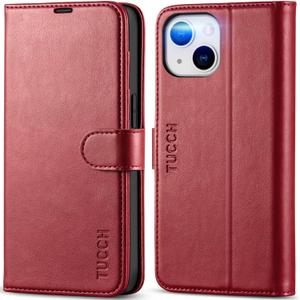TUCCH Case Wallet for iPhone 14, [RFID Blocking] PU Leather Stand Folio Cover with 4 Card Slots [TPU Protective Interior Shell], Magnetic Flip Case Compatible with iPhone 14 5G 6.1-inch, Dark Red