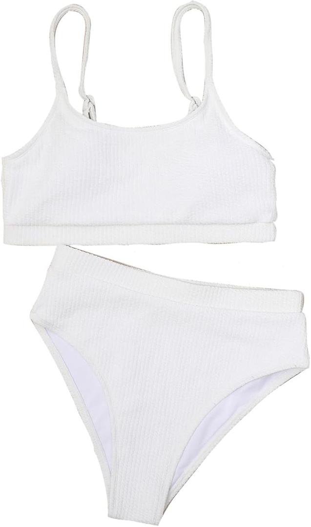 Fashionable Swimsuit Ribbed High Waist Bikini Set Sexy Swimwear Two Piece Slim Fit Solid Colour Adjustable Spaghetti Swimsuit, Size L 