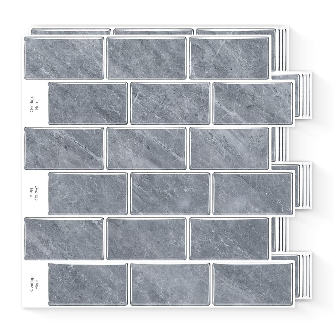 10 Sheets Peel and Stick Backsplash, Faux Stone Peel and Stick Tiles, Marble Look Wall Tiles Backsplash for Kitchen and Bathroom, Livingroom, 12x12,Grey