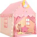 Kids Tent for Grils Indoor: with Mat, Star Lights - Pink Play Tents for Kids Indoor Playhouse - Princess Tent for Playroom Gift for Girls Birthday (Pink W/Cloth)