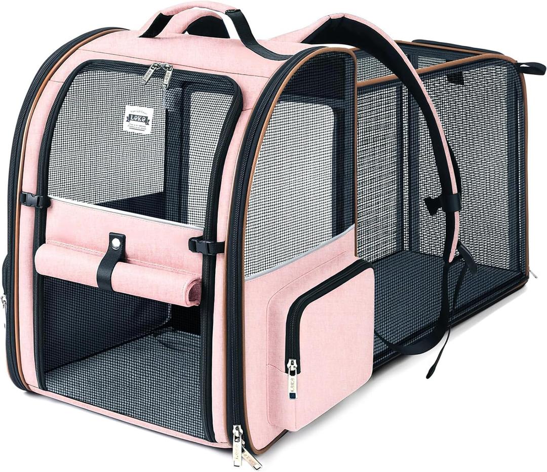 Lekebobor Large Cat Backpack Carrier Expandable Foldable Pet Carrier Backpack for Small Dogs Puppy Medium Cats Fit Up to 18 Lbs for Travel, Hiking,Pink