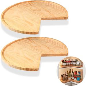 Leinuosen 2 Pcs 24in/28in/32in Banded Pine Wood Full Kidney Shaped Lazy Susan for Corner Base Cabinets with Iron Swivel Bearing for Kitchen Turntables, Not Include Metal Rod(24 Inch,Wood Color)