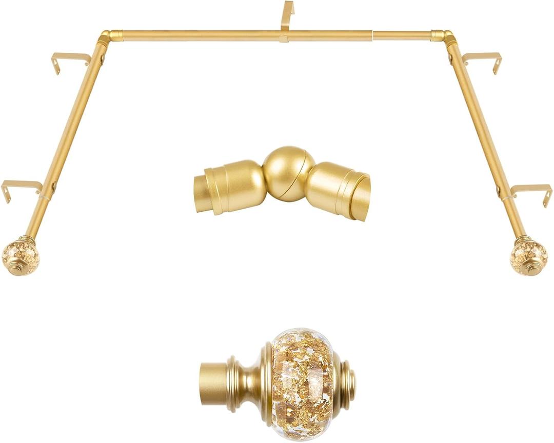 3/4 Inch Gold Bay Window Curtain Rods, USFOOK Telescoping Curtain Rods for Bay Windows 36-72 Inch (Center Rod), 20-36 Inch (Side Rods) with Translucent Finials