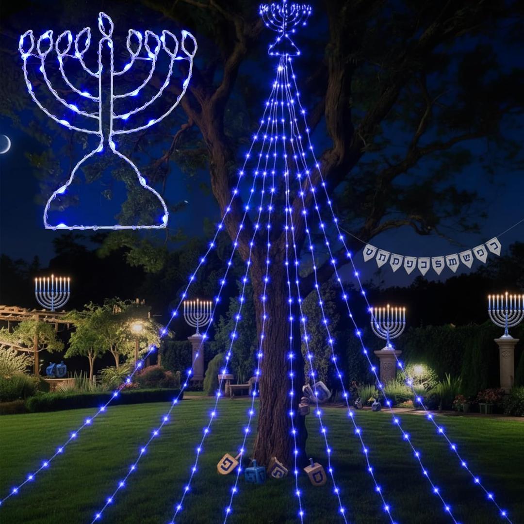 11.5ft Hanukkah Menorah Lights Outdoor Decor Hanukkah Waterfall Lights Blue Menorah LED Extension Cord USB Powered for Tree Yard Window Door Patio Wall Porch Chanukah Party Decorations
