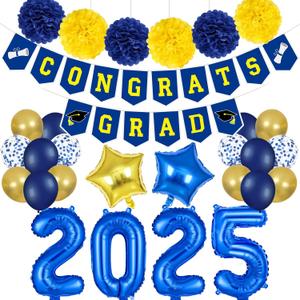 2025 Graduation Banner Party Decorations Blue and Yellow, Congrats Grad Banner and 2025 Graduation Balloons for Blue Yellow Congratulations Party Decorations 2025