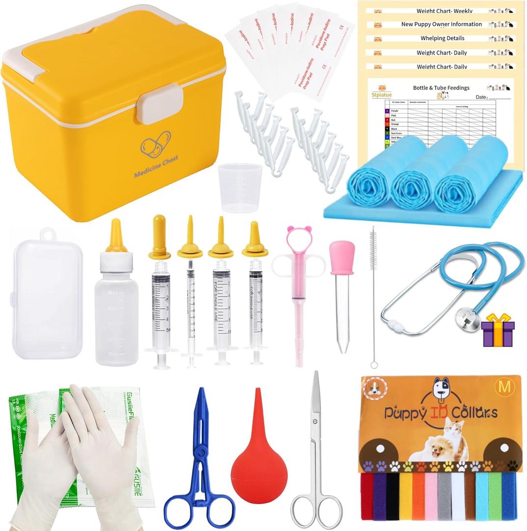 Puppy Kitten Whelping Kit - Newborn Whelping Supplies with Nursing Feeding Bottle Kit, Record Charts, Collars, Pee Pads, Bulb Aspirator, Hemostatic Forcep, Umbilical Cord Scissors. Pet Delivery Kit