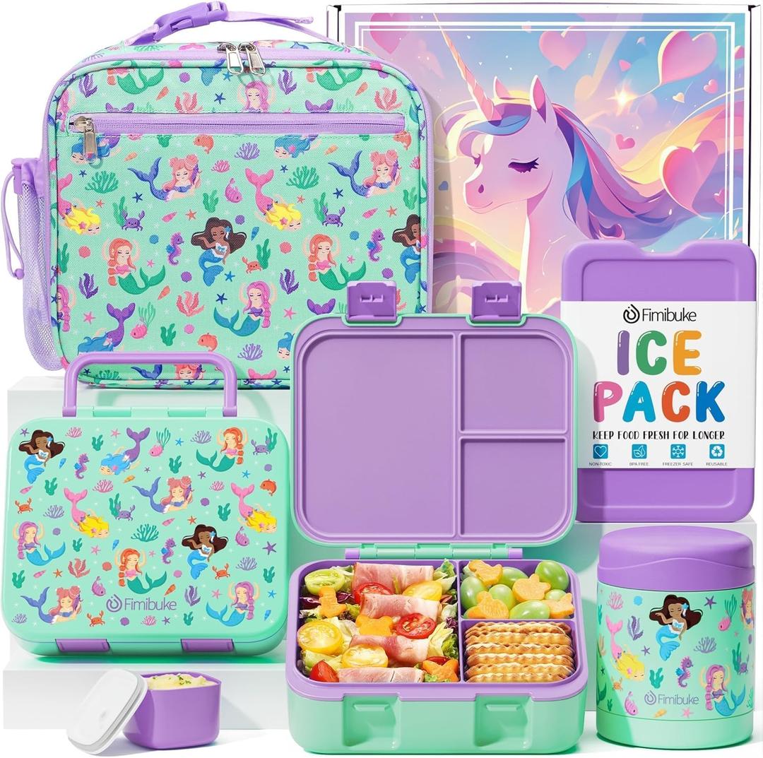Fimibuke Bento Lunch Box for Kids with Thermos, 32OZ Snack Lunch Container with 3 Compartments, Insulated Lunch Bag, 12OZ Leakproof Food Jar, Ice Pack Set for Age 3-12 Toddler Teen Girls Boys Daycare (A6.Mermaid)