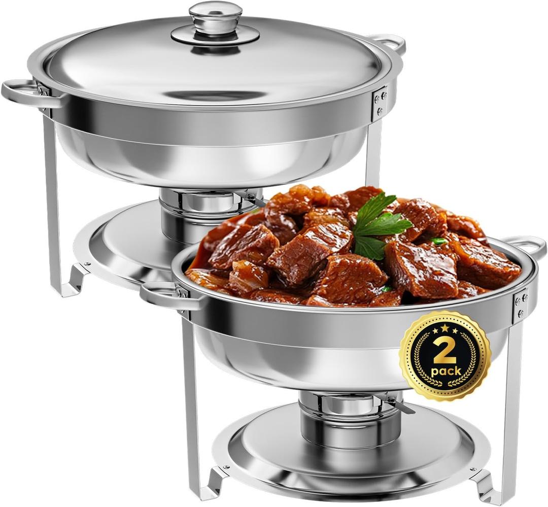 Chafing Dish Buffet Set of 2 Pack, 5QT Round Stainless Steel Chafer for Catering, Upgraded Chafers and Buffet Warmer Sets with Food & Water Pan, Lid, Frame, Fuel Holder for Event Party Holiday