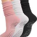 Grip Pilates Socks for Women, Yoga Slouch Socks with Grip for Barre Workout Hospital Long Scrunch Slipper Socks (White+black+pink)