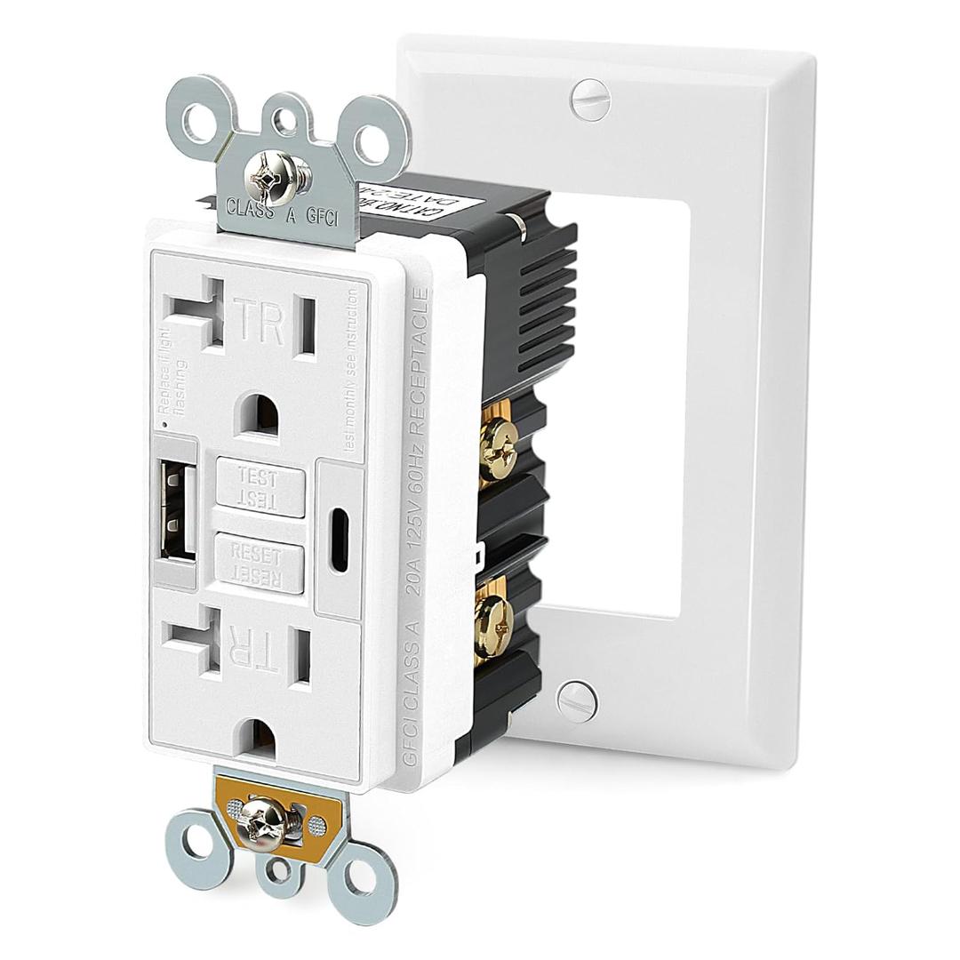 Delgada 20A GFCI Outlet Electrical Outdoor Outlet Weather Resistant Tamper-Resistant Receptacle with USB Charger LED Indicator Light Wall Plate for Home Kitchen Bathroom