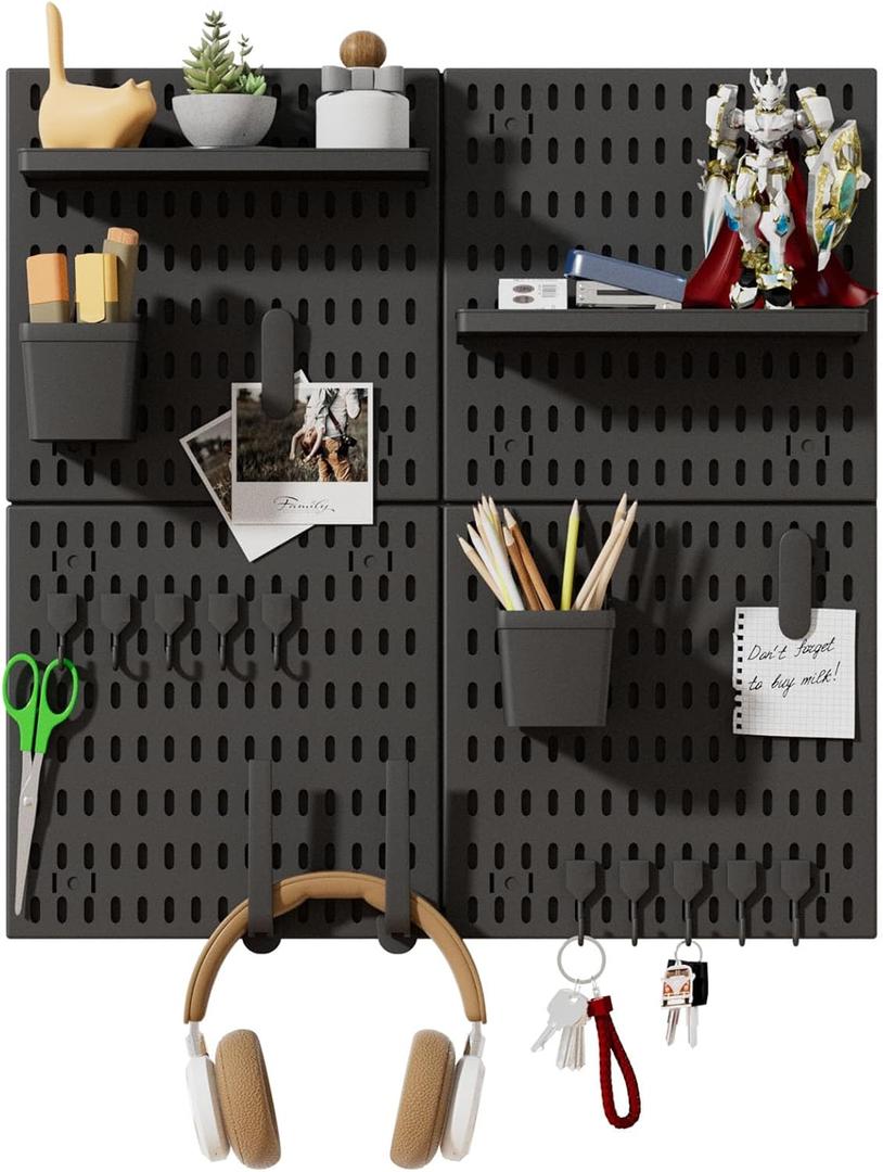 SHGJ&SOFT Peg Board Wall Organizer Panels, 22pcs - Includes 4 Black Pegboards & Accessories, Plastic Pegboard for HomeOffice, Craft Room, Gaming Setup, 
24″×24″
, Wall Mount Display Pegboard Panel Kits