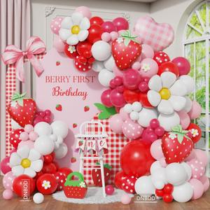 Strawberry Balloon Arch Kit,137Pcs Red Pink and White Balloon Garland with Strawberry,Daisy Foil Balloons for Berry First Birthday Sweet One Baby Shower Girls Princess Party Decorations