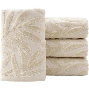 Pidada Hand Towels Set of 4 Leaf Pattern 100% Cotton Absorbent Soft Decorative Towel for Bathroom (Light Brown)