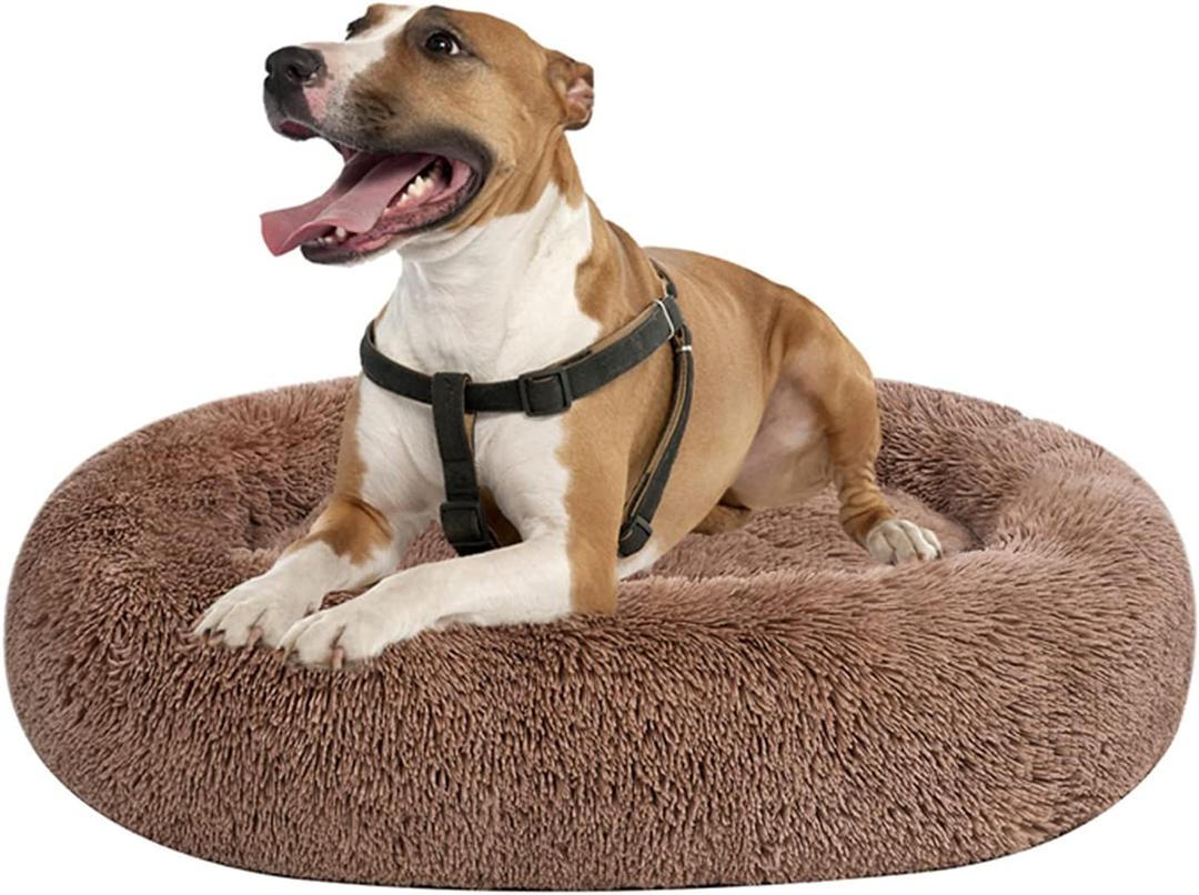 Coohom Oval Calming Donut Cuddler Dog Bed, Shag Faux Fur Cat Bed Washable Round Pillow Pet Bed(30"/36"/43") for Small Medium Dogs (XXL(43"x34"x8"), Camel)