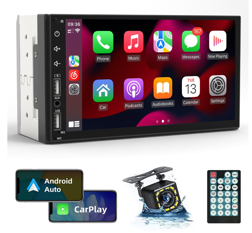 Leadfan Double Din Car Stereo Radio Support Apple Carplay&Android Auto, 7inch HD Touchscreen Double Din Radio with Bluetooth, Car Audio Receivers, Camera, MirrorLink, FM Radio, 2 USB/TF/AUX/Subwoofer