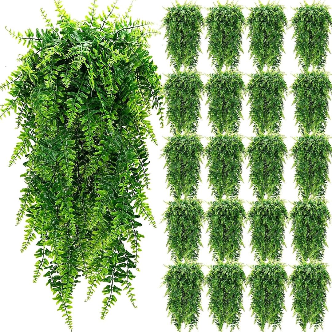 Geosar 20 Pcs Artificial Hanging Plants 32 Inch Hanging Boston Ferns Plastic Fake Plants for Wall Room Garden Wedding Garland Indoor Outdoor Decoration, No Basket