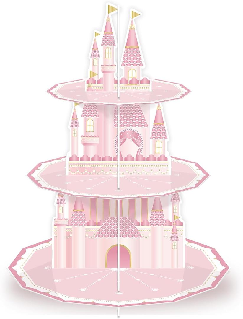 KALEFO Princess Party Supplies 3 Tier Cupcake Stand Birthday Decorations Pink Castle Cake Treat Table Decor(Princess)