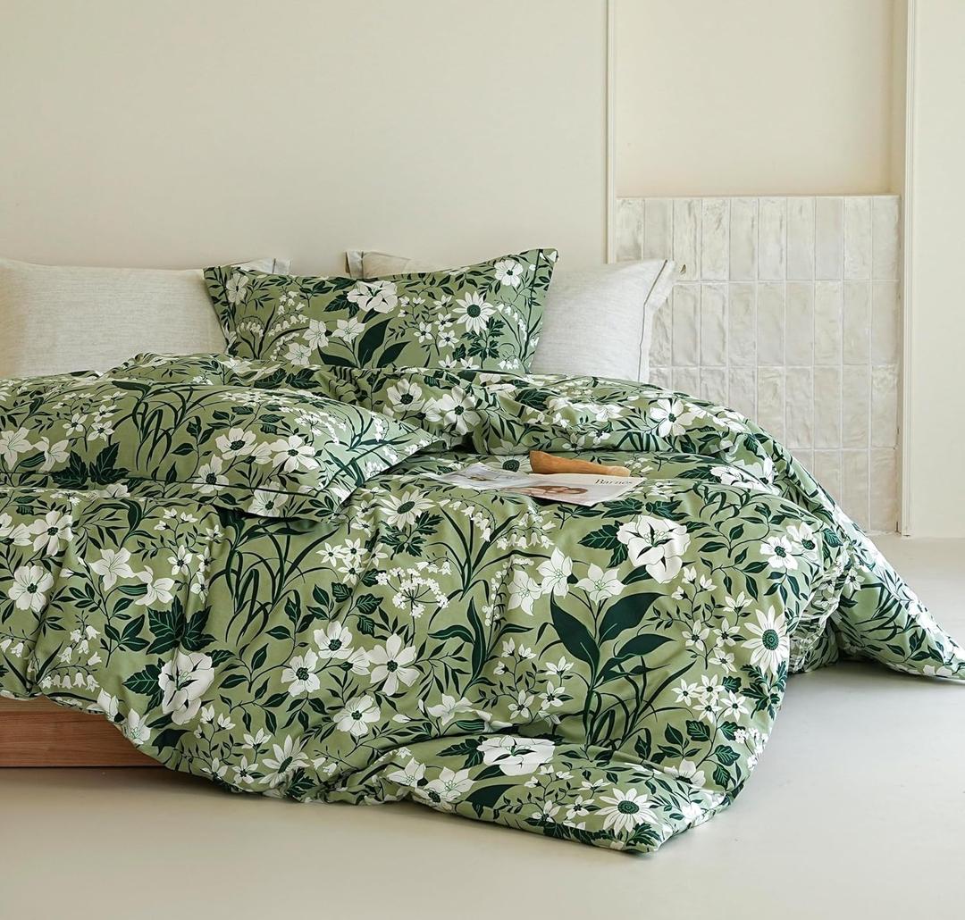 Green Floral Comforter King Size - 100% Organic Cotton Comforter Set 3pcs, Botanical Print Soft Bedding Set