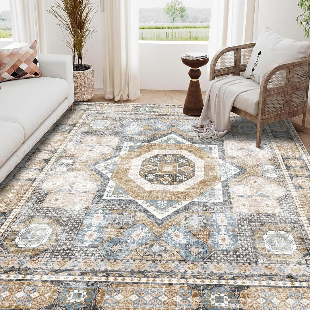 Machine Washable Rug 5' x 7' Vintage Design Area Rugs with Non Slip Rugs for Living Room Bedroom Carpet Stain Resistant, Home Decor Office Boho Rug, Brown