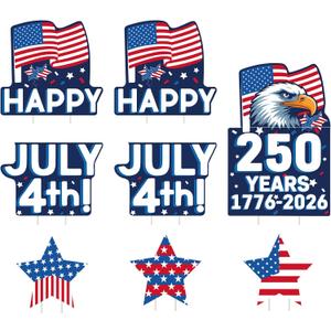 8 PCS 4th of July Yard Signs with Stakes, 250th Anniversary Independence Day Outdoor Decorations, National Flag Eagle Happy July 4th Waterproof Patriotic Stars Lawn Signs for Memorial Day Party Patio Decor
