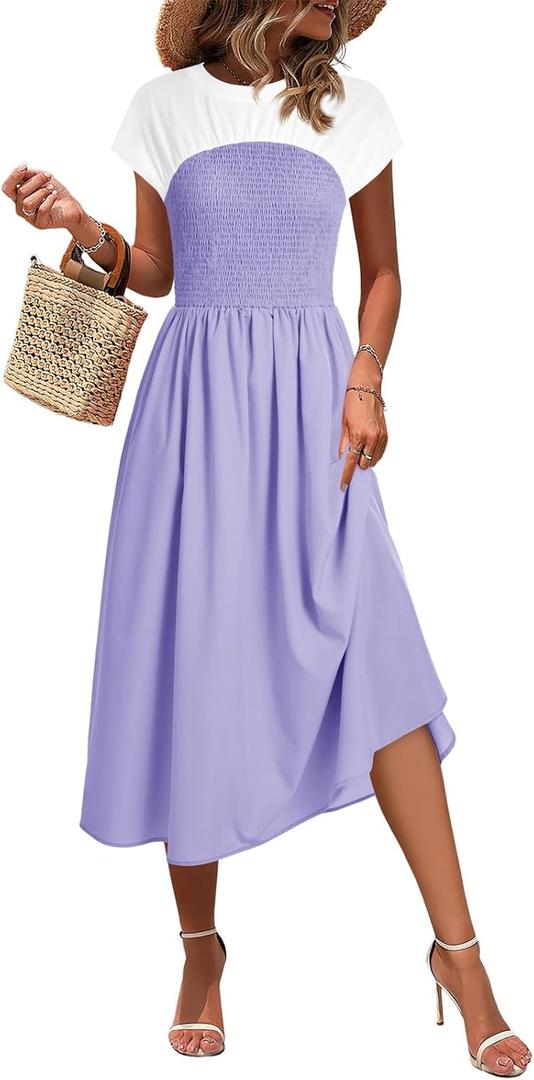 Wenrine Womens Casual Summer Midi Dress Smocked Cap Sleeve Crew Neck Color Block A Line Flowy Beach Dresses