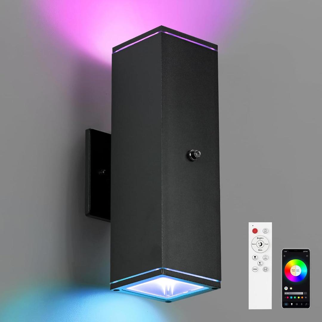 Outdoor Wall Lights 1 Pack, RGBCW Exterior Lighting Sconce,2700K-6500K Dimmable Smart Porch Lights Outdoor for House Patio Garage, Compatible with Alexa/Google Assistant, Bulb Included (Black-Square 1)