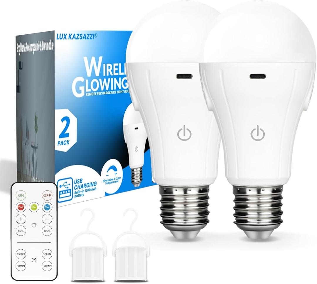 WirelessGlow Rechargeable Light Bulbs with Remote, 3 Color Temperatures and Dimmable Battery Operated Light Bulbs, Touch Control + USB Rechargeable Battery Light Bulb, A19, 2 Pack (3000k-4000k-6500k)