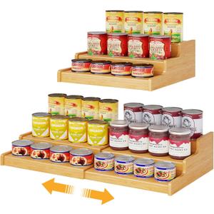 Expandable Bamboo Can Rack Organizer for Pantry, 3-Tier Adjustable Can Storage Holder, Soda Organizer Holds Up to 24 Cans, Canned goods Storage Display for Pantry, Cabinet, Countertop