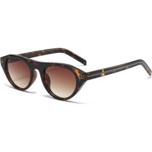 Long Keeper Retro Oval Sunglasses  Small Oval Cat Eye Sunglasses for Women Lady Trendy Round Cateye Shades for Travel Daily (Leopard Frame - Gradient Brown Lens)