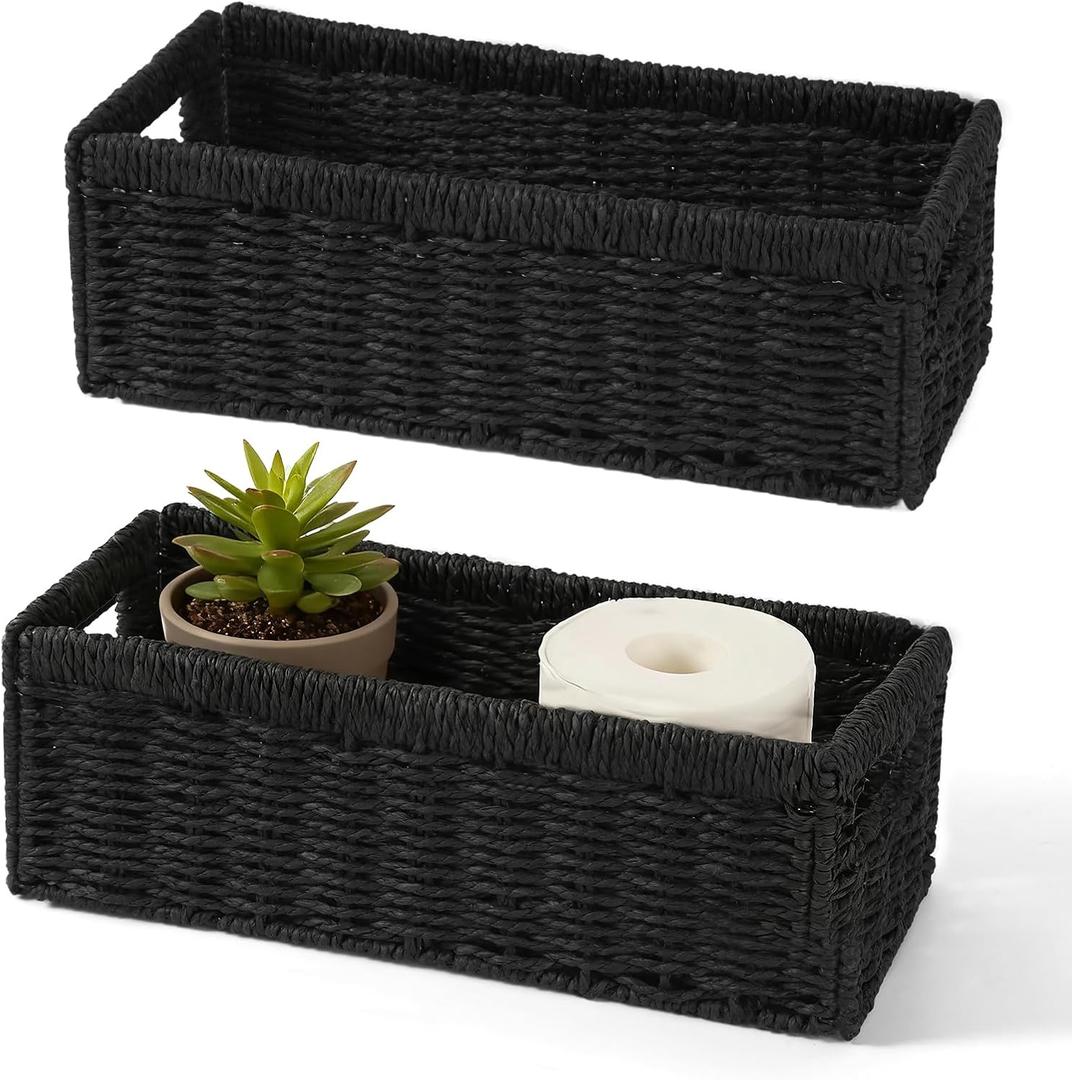 Paper Rope Storage Basket for Organizing, Set of 2 Foldable Wicker Storage Baskets with Handle,Decorative Large Storage Bins for Bathroom Countertop,Small Toilet Paper Basket for Toilet Tank Top,14.17"D x 6.1"W x 4.72"H