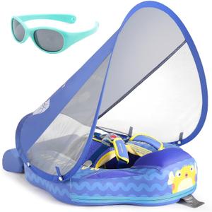 Mambobaby Float with Canopy and Tail New Upgraded Non-Inflatable Baby Pool Float Mambo Float Swim Trainer Solid Infant Swim Float Adjustable Pearl Foam Baby Swim Ring (Deluxe Globefish Blue)