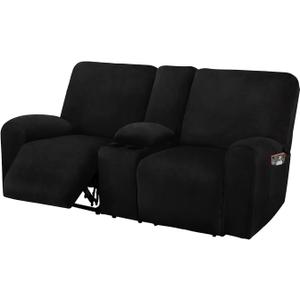 ULTICOR Reclining Loveseat with Middle Console Slipcover, 8-Piece Velvet Stretch Loveseat Reclining Sofa Covers, 2 Thick, Soft, Washable, Covers ONLY (Black) 39"D x 85"W x 45"H