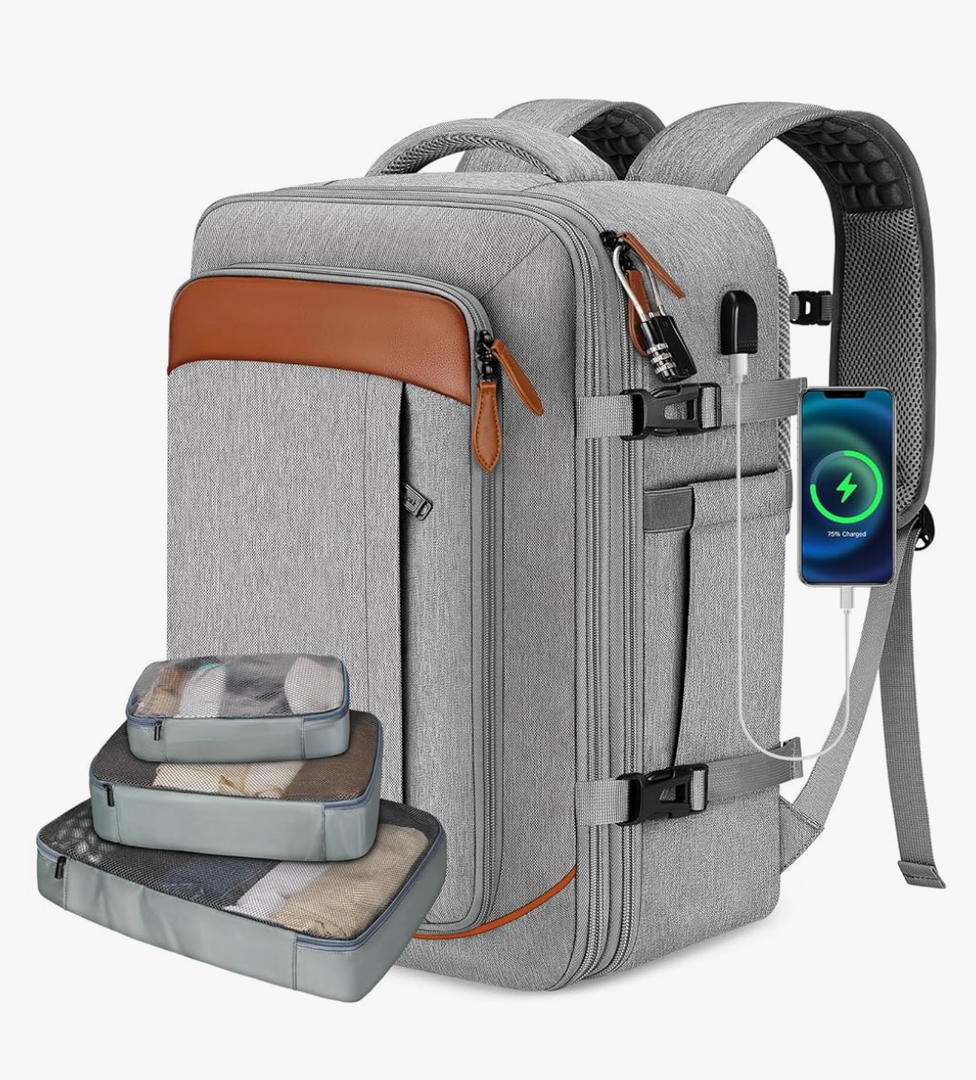 Vancropak Carry on Backpack, Flight Approved Travel Backpack with 3 Packing Cubes, Expandable Large 40L Travel Bag fits 17.3" Laptop, Anti Theft Luggage Suitcase Weekend Daypack for Women Men, Grey