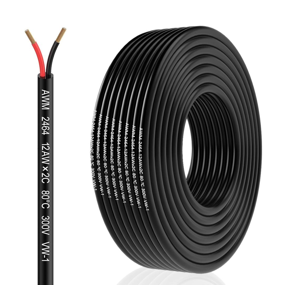12 Gauge Wire 2 Conductor 12 AWG Electrical Wire Stranded PVC Cord Oxygen-Free Copper Cable 100FT 300V 2 Core Flexible Extension Power Cord for Auto Cord for LED Lamp Lighting Strips Automotive