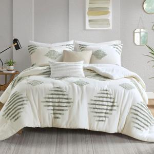 Ink+Ivy Comforter Set Chenille Tufted Geometric Comforter for Queen Size Bed, Down Alternative All Season Lightweight Queen Bedding & Shams, Shay, Full/Queen, Green/Ivory 3 Piece, King/Cal King