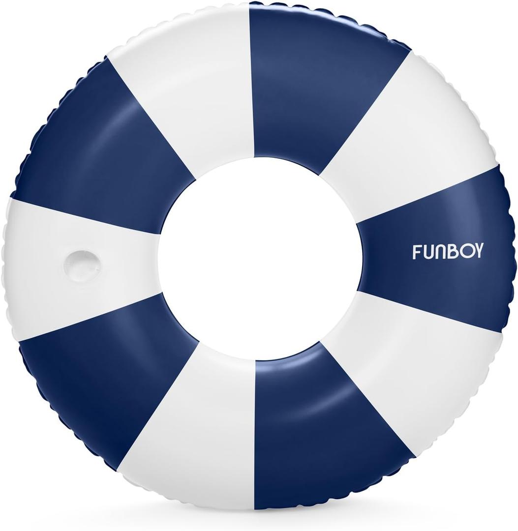 FUNBOY Giant Vintage Stripe Inflatable Tube Pool Float with Cup Holder 48" Large Pool Float for Adults Inner Tube Swimming Pool Toys Swim Rings Pool Lounger Float for Pool Party & Summer (Navy Blue)