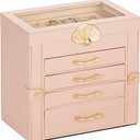 Jewelry Box with 4 Drawers : Display Organizer for Earrings Necklaces - Christmas Gifts for Girls Women (Peach Pink) (XXL)