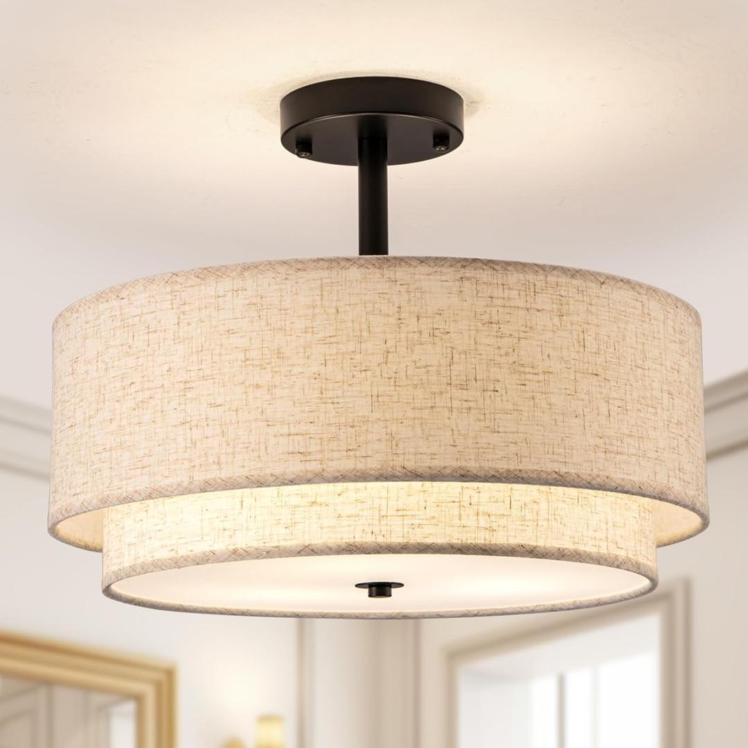 Drum Semi Flush Mount Ceiling Light, 16 inch 3 Lights Ceiling Light Fixture with 2-Layer Fabric Shade, Black Farmhouse Drum Ceiling Lighting for Bedroom Hallyway Dining Room Kitchen