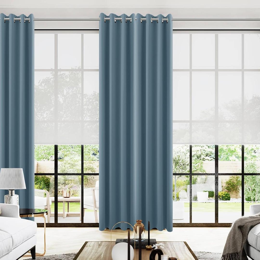 KOUFALL Blue Blackout Curtains 96 Inches Long for Living Room,Grommet Thermal Room Darkening Curtain for Bedroom 96 in Length 2 Panel Set,Dusty Grey Blue