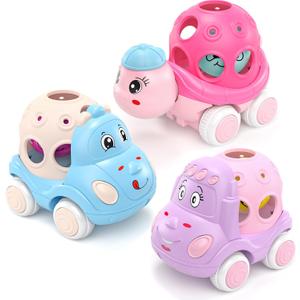 Baby Girl Toys Gifts for 1 2 Year Old Girls, Pink Cars for Babies 6-12 12-18 Months, Push and Go Trucks for Toddlers, Soft Rattle Toys for One 1+ Infants First Birthday Easter Gifts