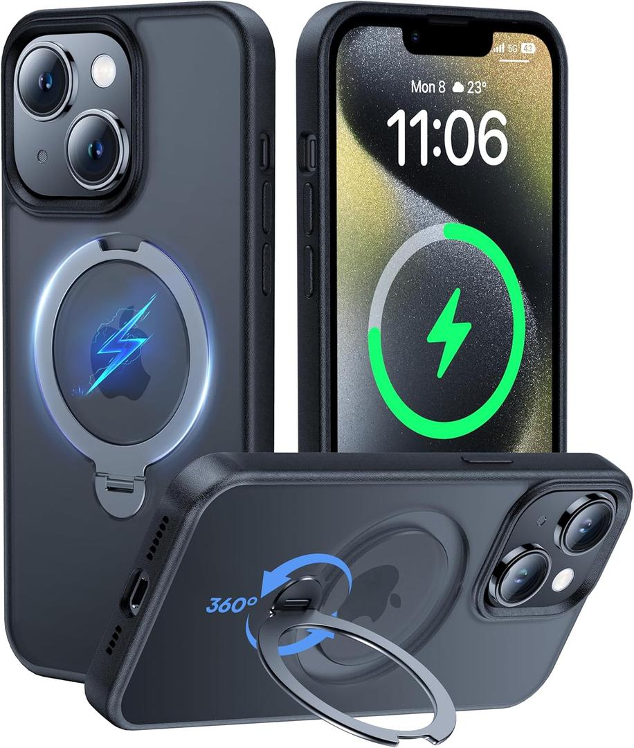 2024 New Upgrade 360 Spin Titanium Magnetic Stand for iPhone 15 Case [16FT Military Grade Shockproof] [Fit for MagSafe] Matte Translucent Slim Kickstand iPhone 15 Phone Cover 6.1'', Black