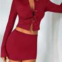 MakeMeChic Women's Bow Decor Rib Knit Top Cut Out Tee Shirt Tie Front Long Sleeve Slim Fitted Crop Tops (Red, M)